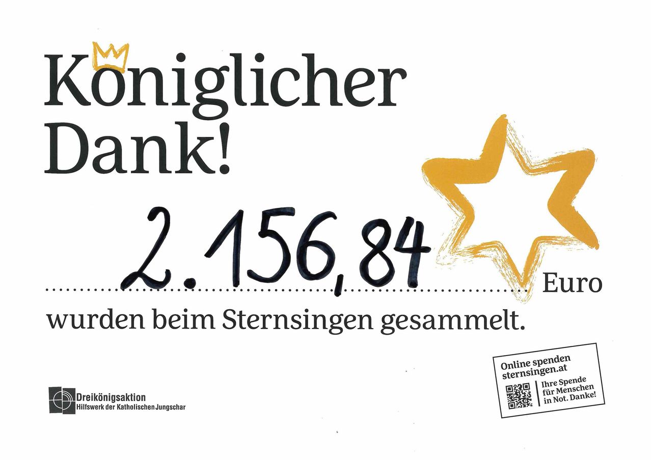 Ein Poster bewirbt eine 'Kronenbank' mit einem Stern und einem Betrag von 2.156,84, gesammelt bei einem Sternensingen. Ein QR-Code ist für Online-Zahlungen vorhanden.