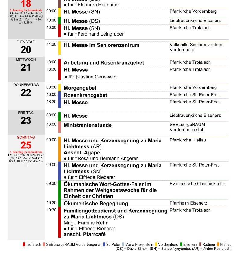 The image shows a weekly schedule of church services. It includes services, blessings, and other events. Dates range from Sunday, June 4 to Sunday, June 11. Events include masses, a blessing, and a prayer service. Locations are various churches.
