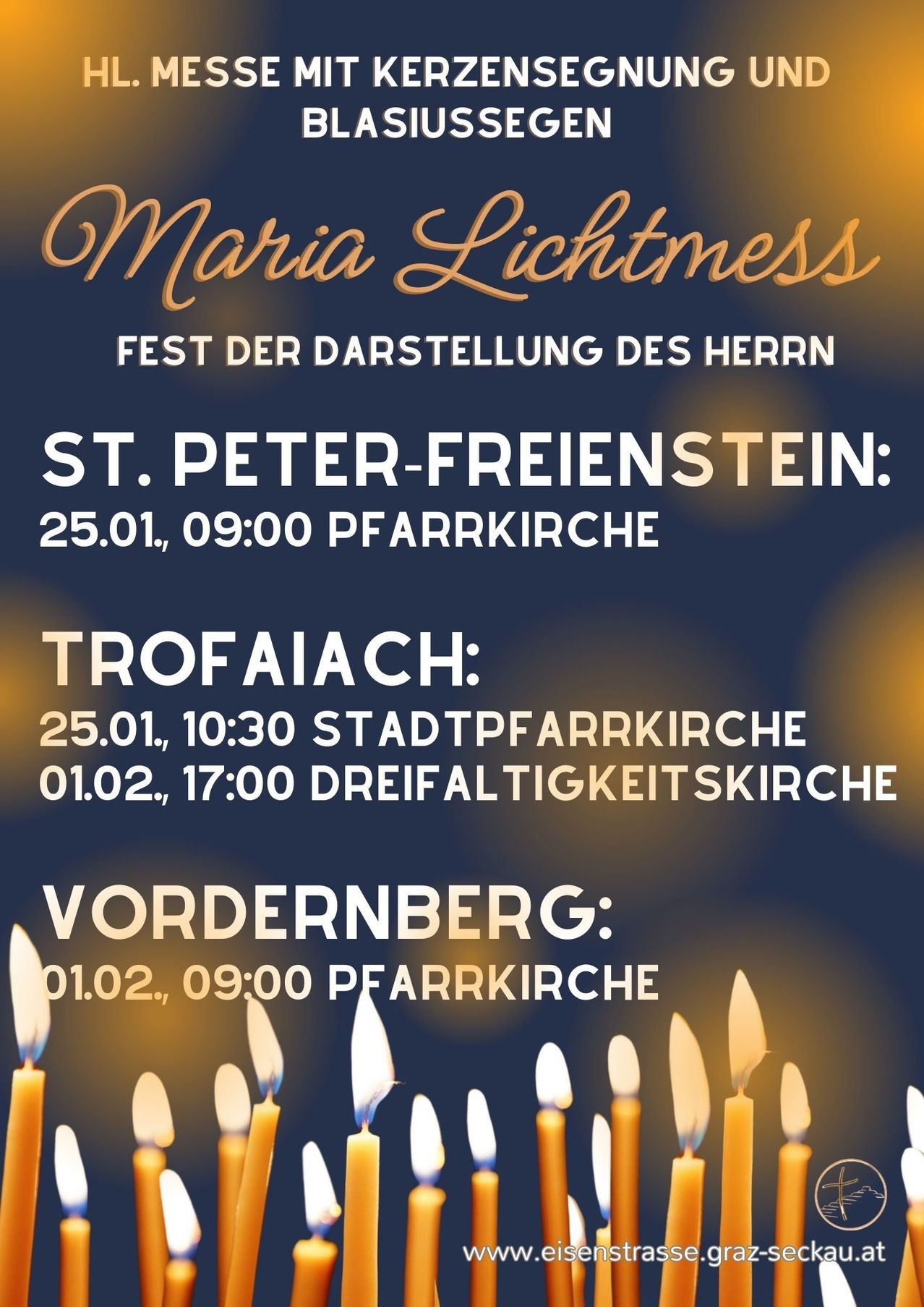 Ein Plakat für das Maria Lichtmess Festival. Veranstaltungen sind für St. Peter-Freienstein, Trofaiach und Vördernberg zu bestimmten Terminen und Uhrzeiten geplant.