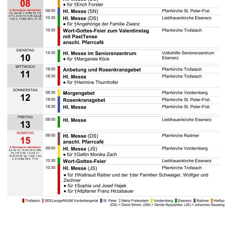 Wöchentlicher Zeitplan für Messen und Gottesdienste an verschiedenen Orten. Montags und donnerstags gibt es eine Messe für die Familie Zwanz. Sonntags finden besondere Messen mit einem Gebetscafé statt. Die Gottesdienste variieren in ihrem Standort und umfassen Morgengebet, Rosenkranzgebet und Messen für verschiedene Personen und Familien.