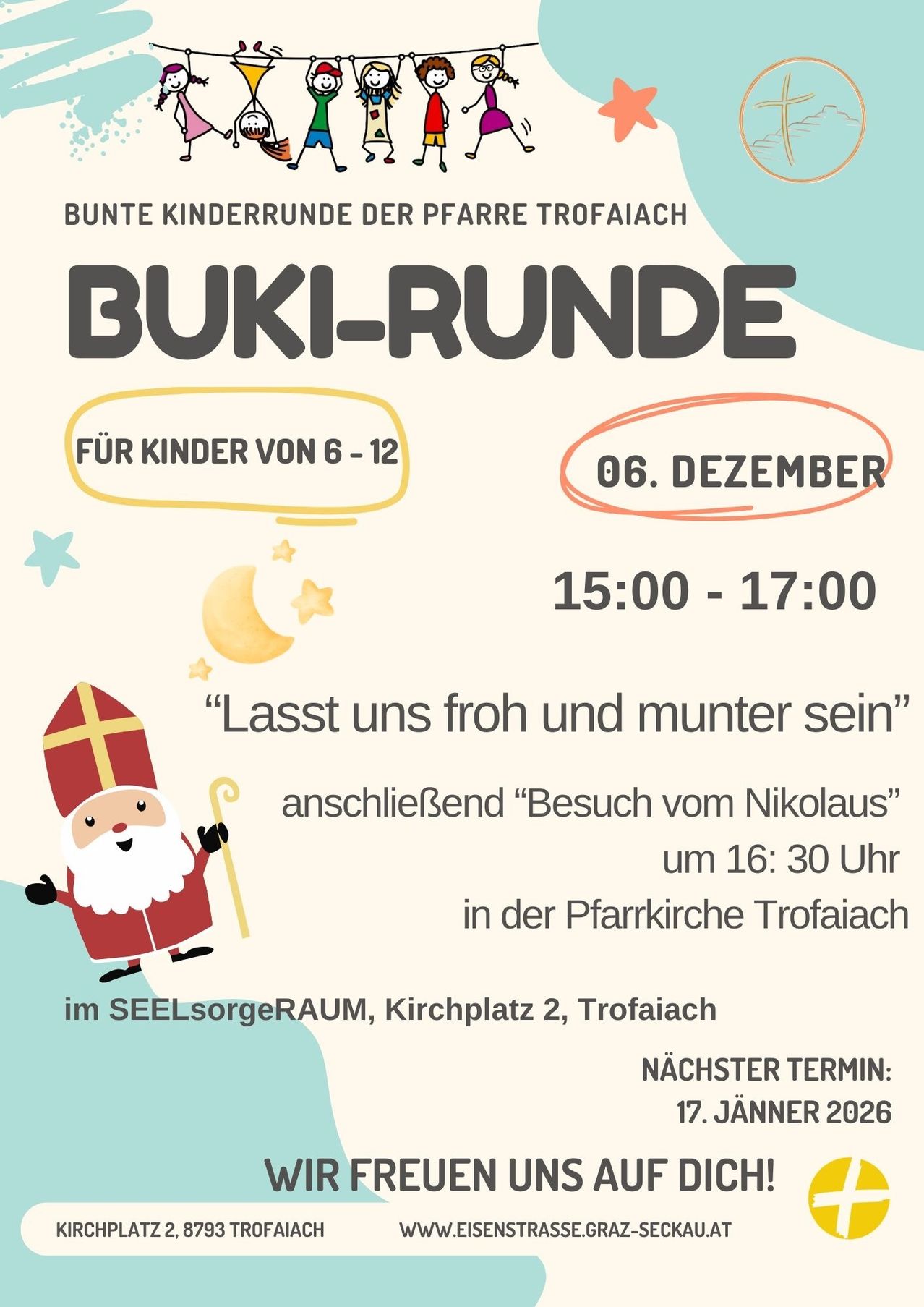 Einladung zur 'Buki-Runde', einer Veranstaltung für Kinder von 6-12 Jahren, am 6. Dezember von 15:00 bis 17:00 Uhr. Es beinhaltet einen Besuch von Nikolaus um 16:30 Uhr in der Pfarrkirche Trofaiach.
