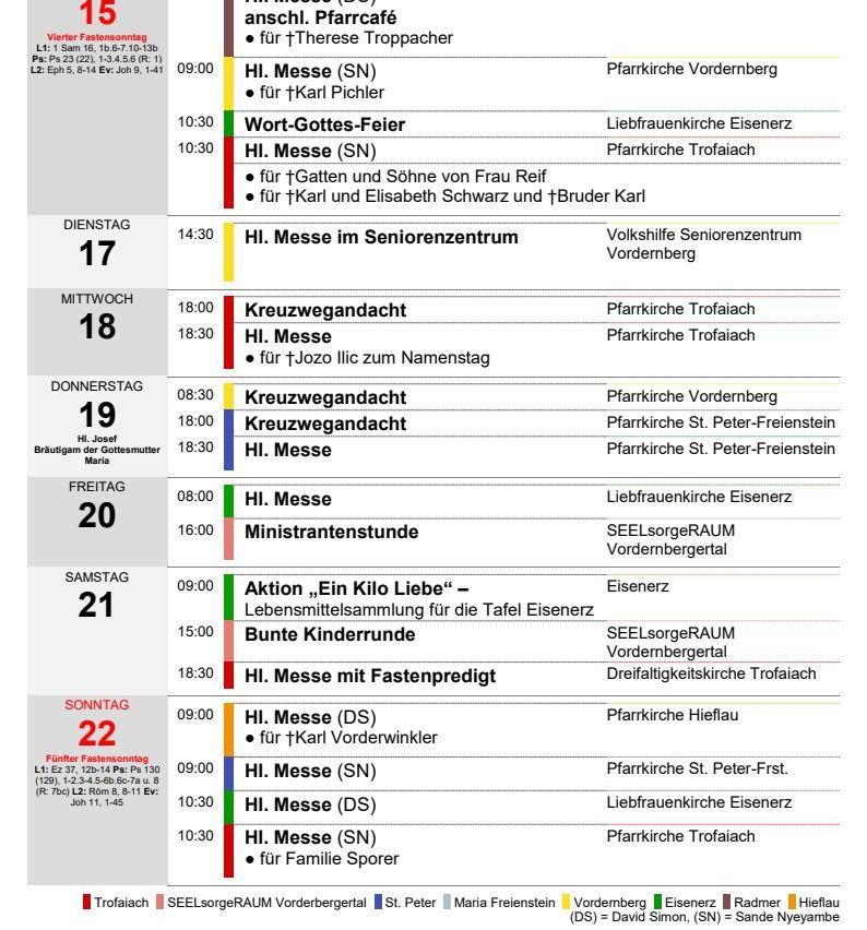 Das Bild zeigt einen wöchentlichen Zeitplan für religiöse Gottesdienste, einschließlich Messen, Gebetsdienste und besondere Veranstaltungen, für verschiedene Orte und Termine.