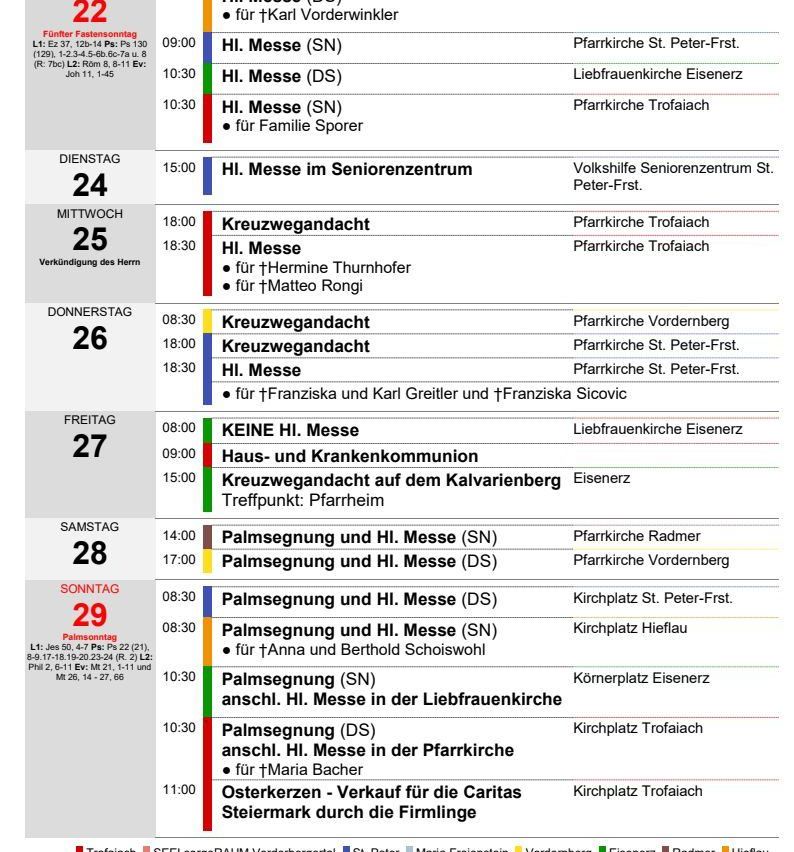 Das Bild zeigt einen wöchentlichen Zeitplan religiöser Gottesdienste in deutscher Sprache, einschließlich Zeiten, Orten und spezifischen Details wie Familiensponsoren für bestimmte Messen. Es listet Dienste von Montag bis Sonntag auf.