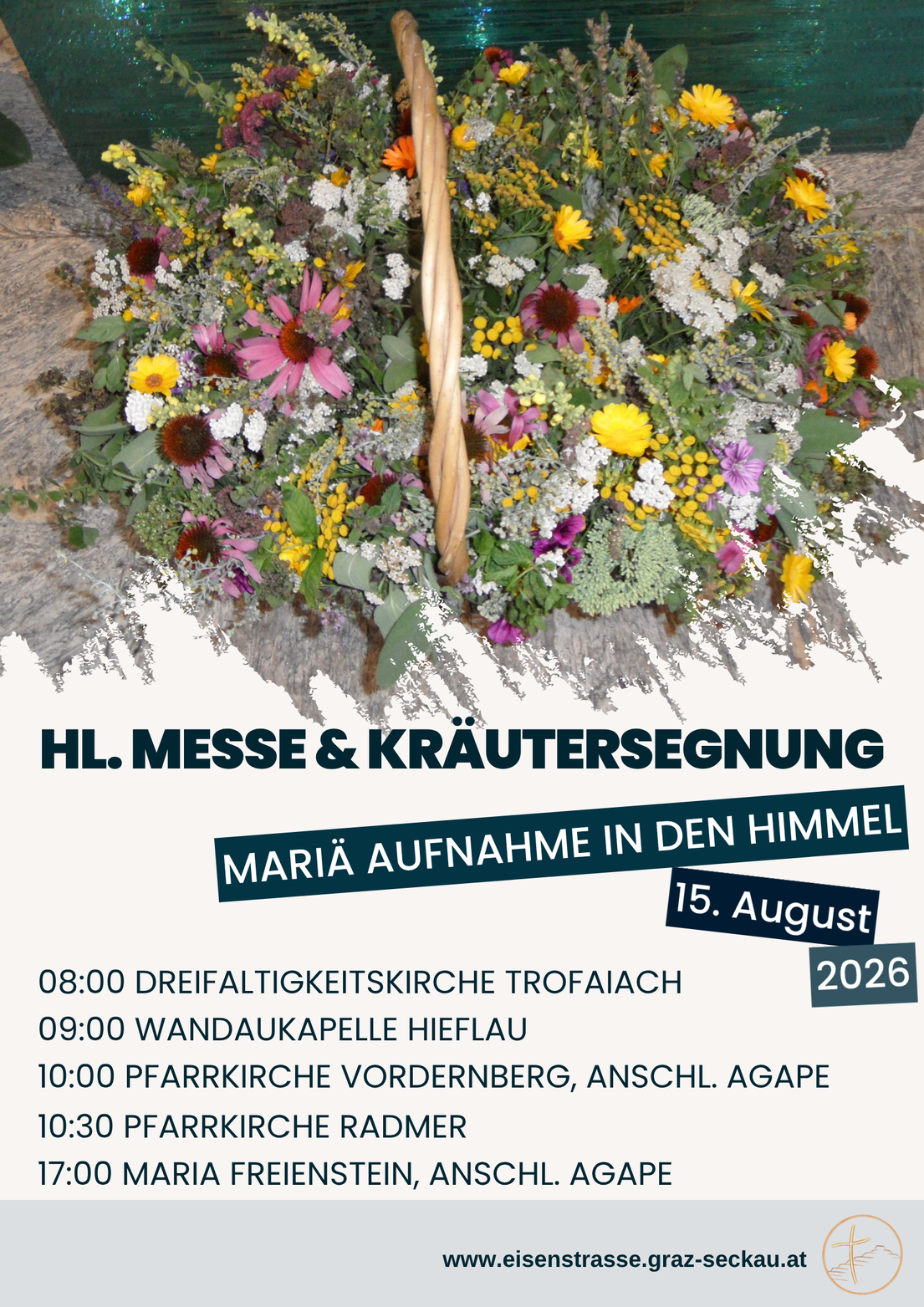 Poster advertising a holy mass and blessing of herbs, featuring a basket of flowers and the date August 15, 2026.
