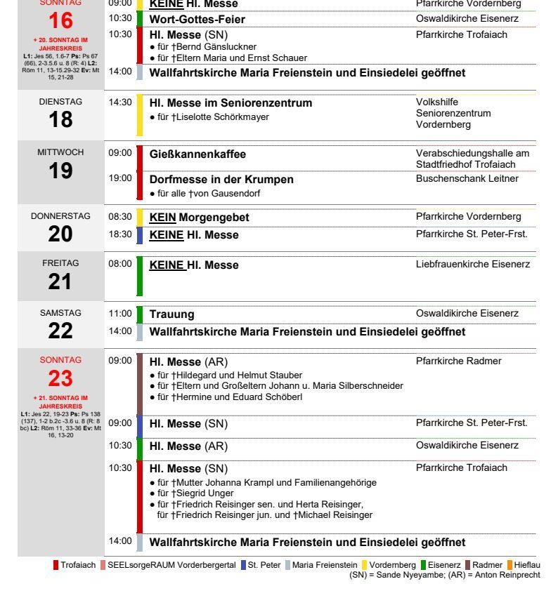 A schedule of church services and events in German, listing dates, times, and locations for various religious activities.