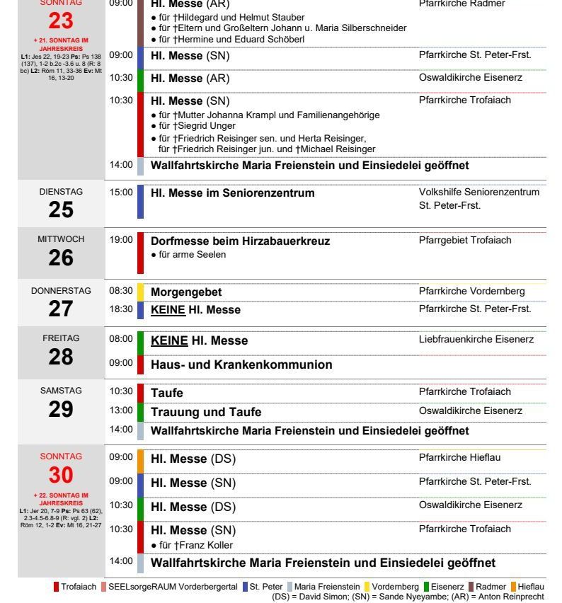 A weekly schedule of masses and services at various churches, including locations and times, with some days marked as no mass.