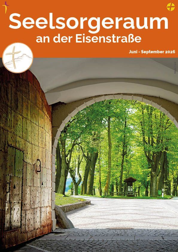 Poster for Seelsorgerraum an der Eisenstraße. The poster features a wooden gate leading to a scenic park view with a cross symbol on the left.