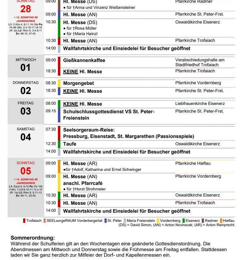 Das Bild ist ein wöchentlicher Zeitplan für eine religiöse Gemeinschaft mit Wochentagen, Zeiten und Aktivitäten. Veranstaltungen umfassen Messen, Gebetsdienste und besondere Ereignisse. Der Zeitplan enthält auch Verweise auf bestimmte Orte und Personen.
