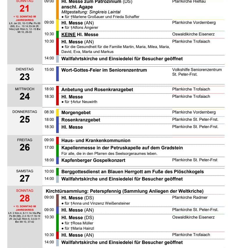 Ein wöchentlicher Zeitplan für Gottesdienste und Veranstaltungen, einschließlich Morgengebete, Abendmessen, Kommunion und einer Gebetsversammlung. Die Daten reichen von 21 bis 28. Orte umfassen Pfarrkirche Vördernberg, Pfarrkirche Trofaia und andere.
