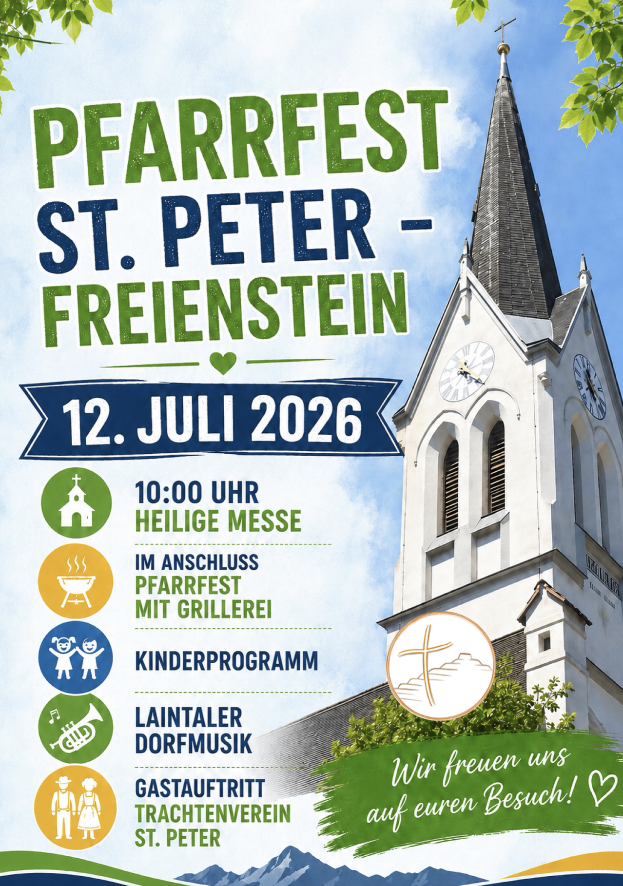 Poster for Pfarrfest at St. Peter Freienstein on July 12, 2026, featuring a church with a steeple, clock, and green background. Includes details for a Holy Mass, following with a parish festival, barbecue, children's program, and local village music.