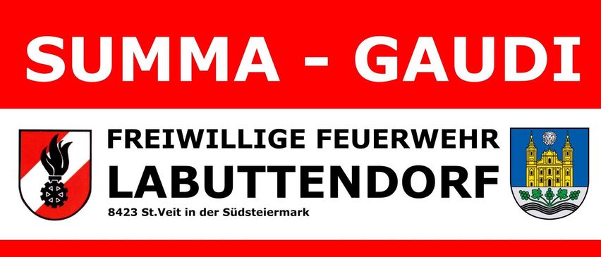 Plakat für UMMA-GAUD mit dem Wappen von Labuttensdorf, gelegen in 8423 St.Veit in Südsteiermark. Die Veranstaltung ist für den 16. August 2025 geplant. Regionale Schmankerl und Fisch sind bei jedem Wetter erhältlich.