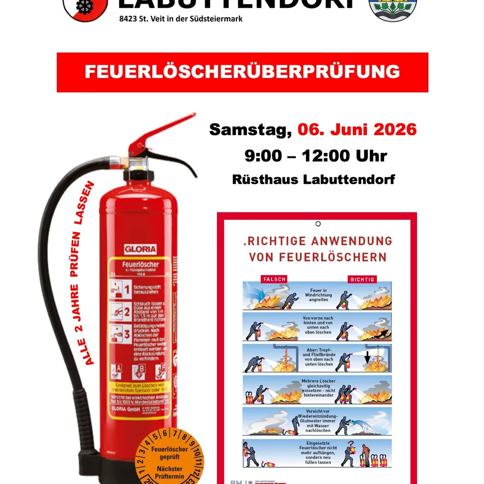 Ein Poster zeigt einen Feuerlöscher mit einem Etikett, das 'Alle 2 Jahre Prüfen' und ein Datum vom 06. Juni 2026 anzeigt. Das Poster enthält rechts eine Feuersicherheitsdemonstration.