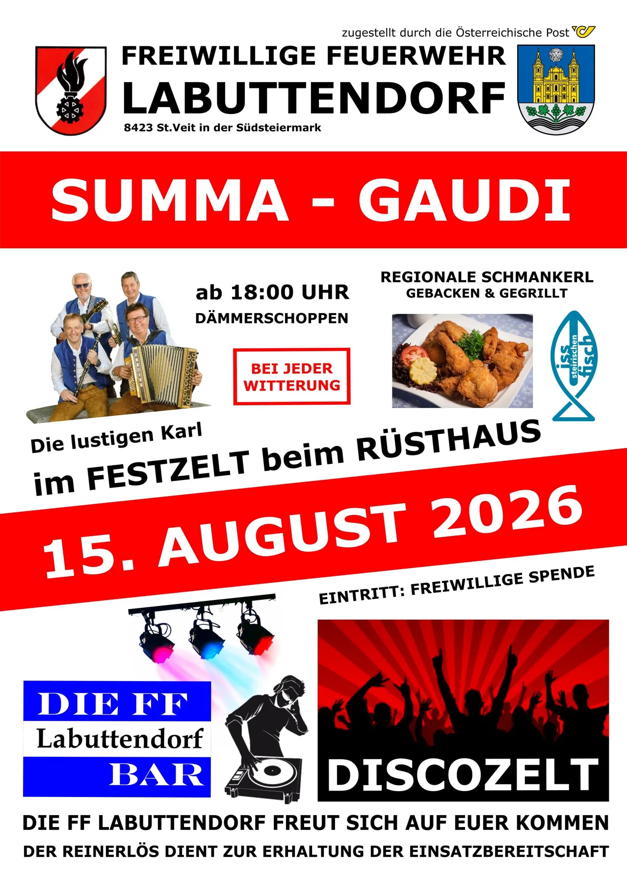 Plakat für ein Festival mit der Band Die Justigen Karl, regionalem Essen und einem Fischlogo. Veranstaltungsdatum ist der 15. August 2026.