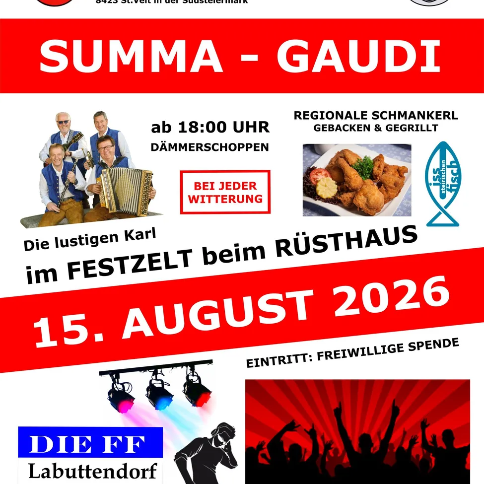 Plakat für ein Festival mit der Band Die Justigen Karl, regionalem Essen und einem Fischlogo. Veranstaltungsdatum ist der 15. August 2026.