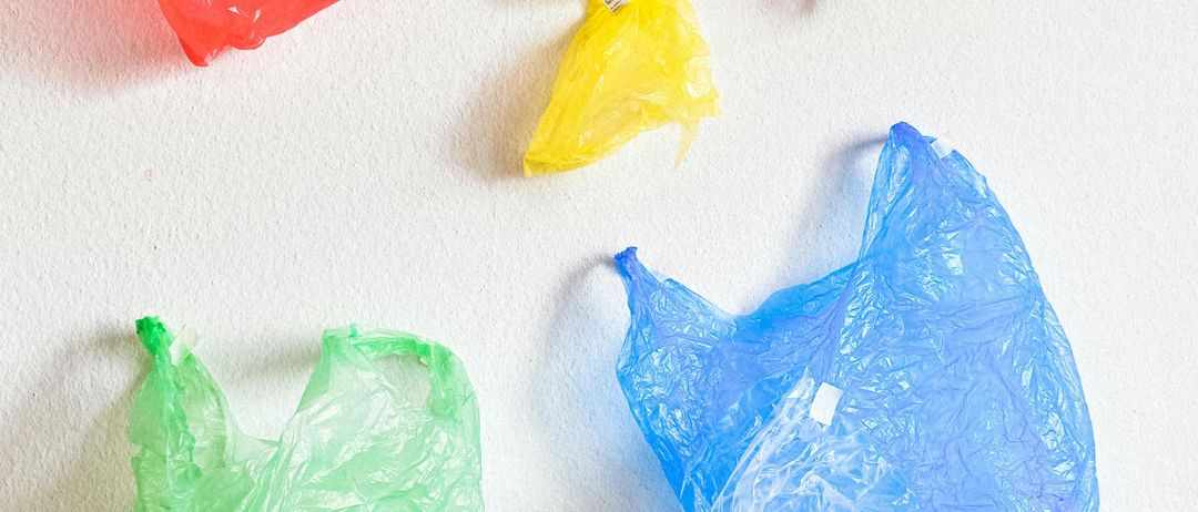 Eine Sammlung farbiger Plastiktüten auf weißem Hintergrund. Die Farben sind rot, pink, gelb, grün und blau.