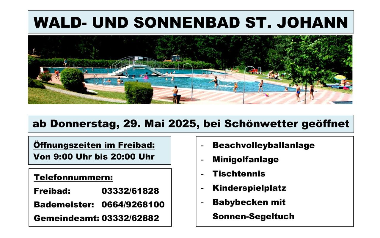 Ein Freibad mit mehreren schwimmenden Personen. Einrichtungen umfassen einen Beachvolleyballplatz, Minigolf, Tischtennis, einen Kinderspielplatz und einen Sonnenbereich. Kontaktnummern sind angegeben.