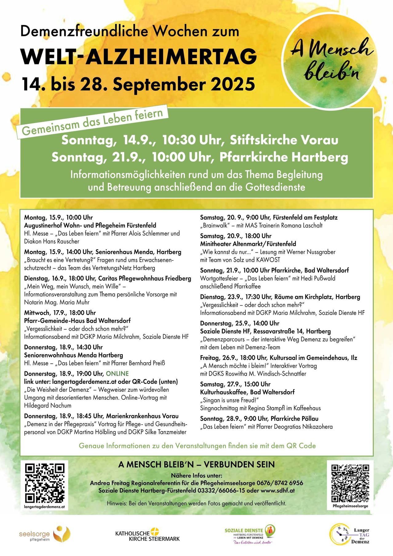 Veranstaltungstermine vom 14. bis 28. September 2025. Informationsveranstaltungen und Beratung zu Pflege und Betreuung. Verschiedene Aktivitäten zu unterschiedlichen Zeiten und Orten. QR-Code für detaillierte Informationen.