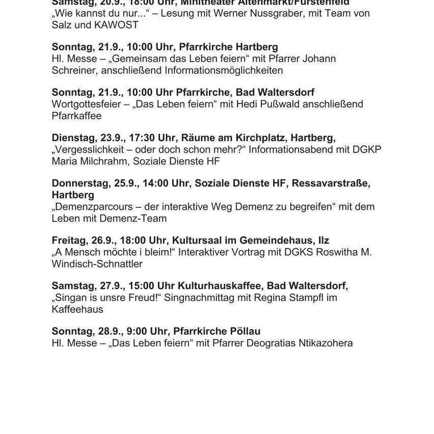 Veranstaltungsplan in Kirchen und Gemeindehäusern mit verschiedenen Aktivitäten, einschließlich Lesungen, Messen, Informationsveranstaltungen und sozialen Diensten.