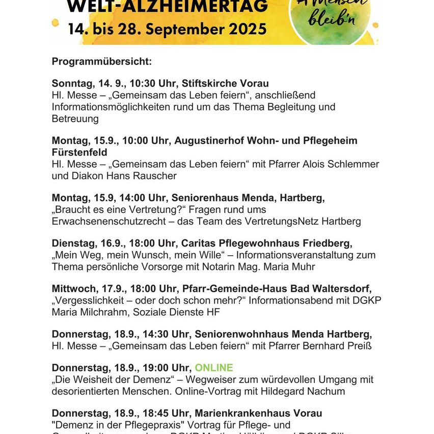 Welt-Alzheimertag vom 14. bis 28. September 2025. Programmübersicht umfasst Veranstaltungen wie eine Messe in der Stiftskirche Vorau, Gespräche über Betreuungsmöglichkeiten, Vorträge zum Erwachsenenschutzrecht und Informationsveranstaltungen zu persönlicher Pflege und Vergesslichkeit.