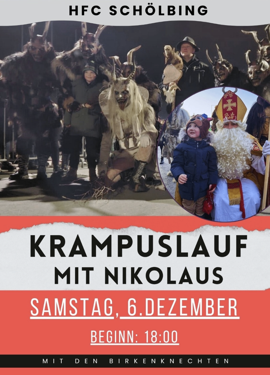Eine Menschenmenge in Krampus-Kostümen, darunter eine gehörnte Figur, ist versammelt. Ein Kind in einer blauen Jacke steht mit einem Mann als St. Nikolaus. Der Text 'Krampuslauf mit Nikolaus' weist auf einen Krampuslauf mit St. Nikolaus hin. Der Termin ist Samstag, 6. Dezember.