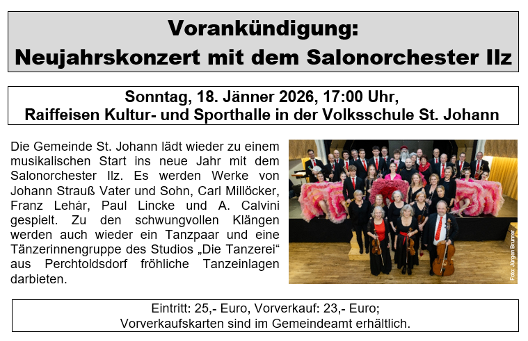 Ein Plakat für ein Neujahrskonzert des Salonorchesters Ilz zeigt ein Foto von Musikern, Tänzern und einem Dirigenten. Das Event findet am Sonntag, 18. Januar 2026, um 17:00 in der Raiffeisen Kultur- und Sporthalle statt. Tickets kosten 25 Euro.