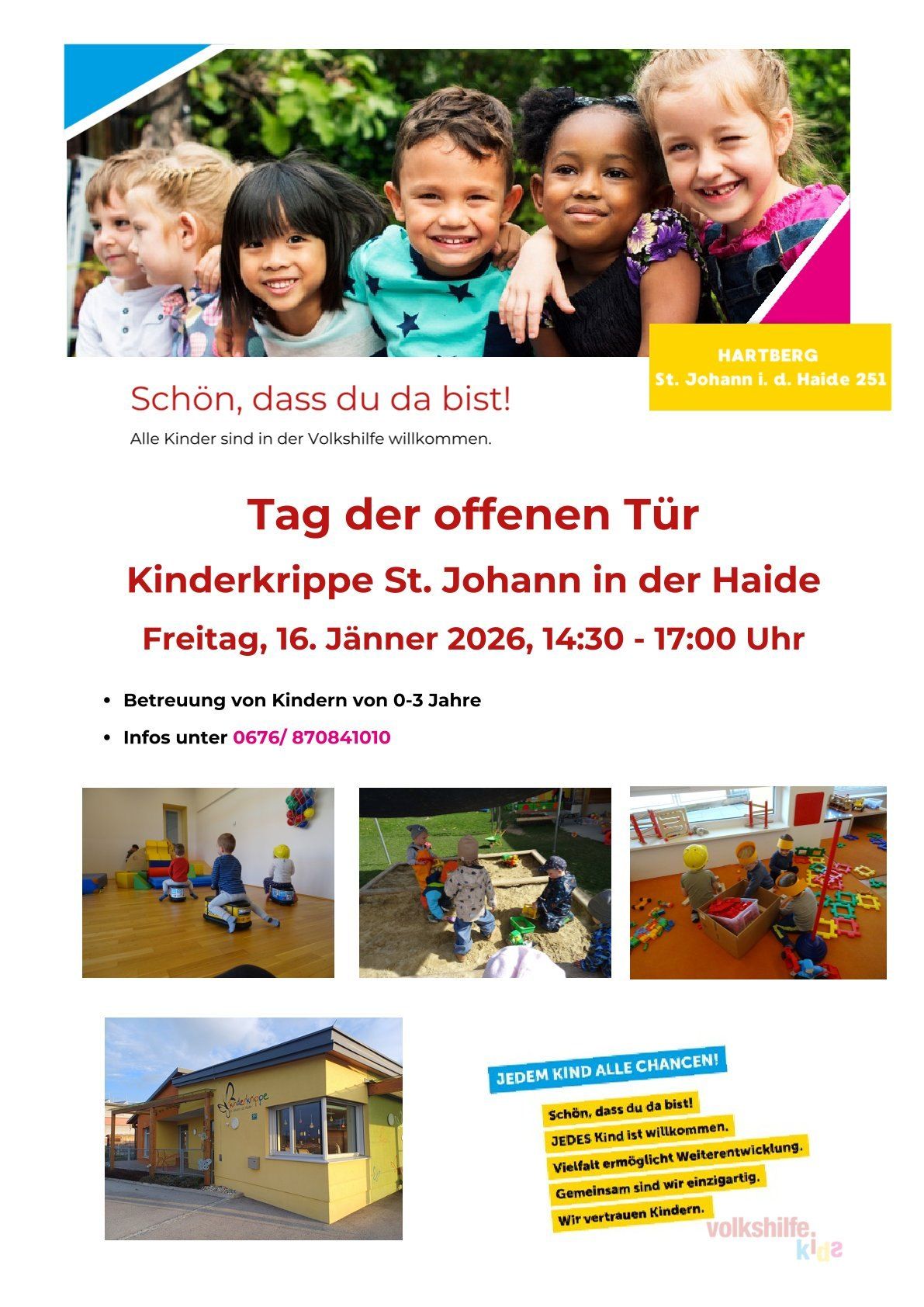 Einladungsposter für einen Tag der offenen Tür im Kindergarten St. Johann in Heide am 16. Januar 2026 von 14:30 bis 17:00 Uhr. Es wendet sich an Kinder von 0-3 Jahren und bietet Kontaktinformationen. Bilder zeigen Kinder beim Spielen drinnen und draußen.