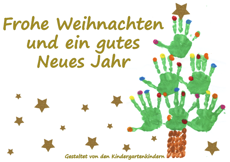 Ein Weihnachtsbaum aus Handabdrücken mit bunten Ornamenten und Sternen. Der Text lautet 'Frohe Weihnachten und ein gutes Neues Jahr'. Gestaltet von Kindergartenkindern.