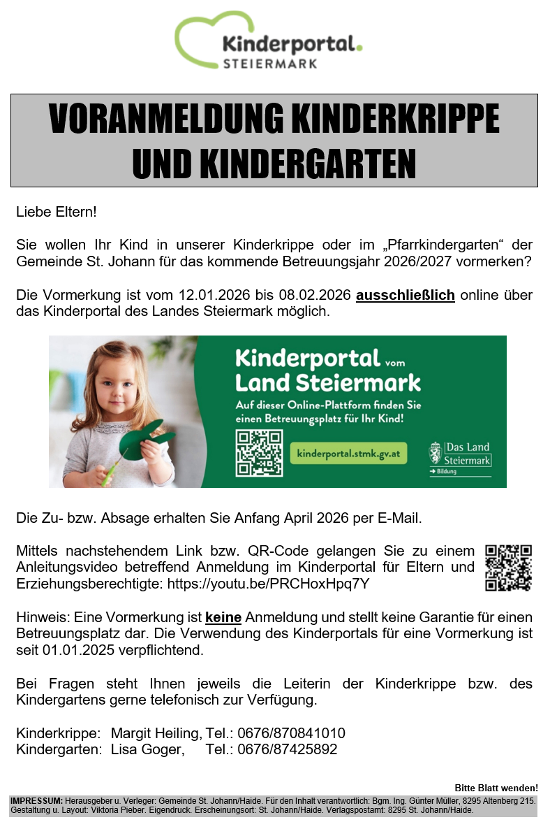 Das Bild ist eine Ankündigung für die Kindergarteneinschreibung für das Jahr 2026/2027. Es hebt den Online-Reservierungsprozess auf dem Land Steiermark Kinderportal hervor. Es enthält einen QR-Code und einen Link für ein Tutorial-Video. Die Ankündigung läuft am 01.01.2025 ab.