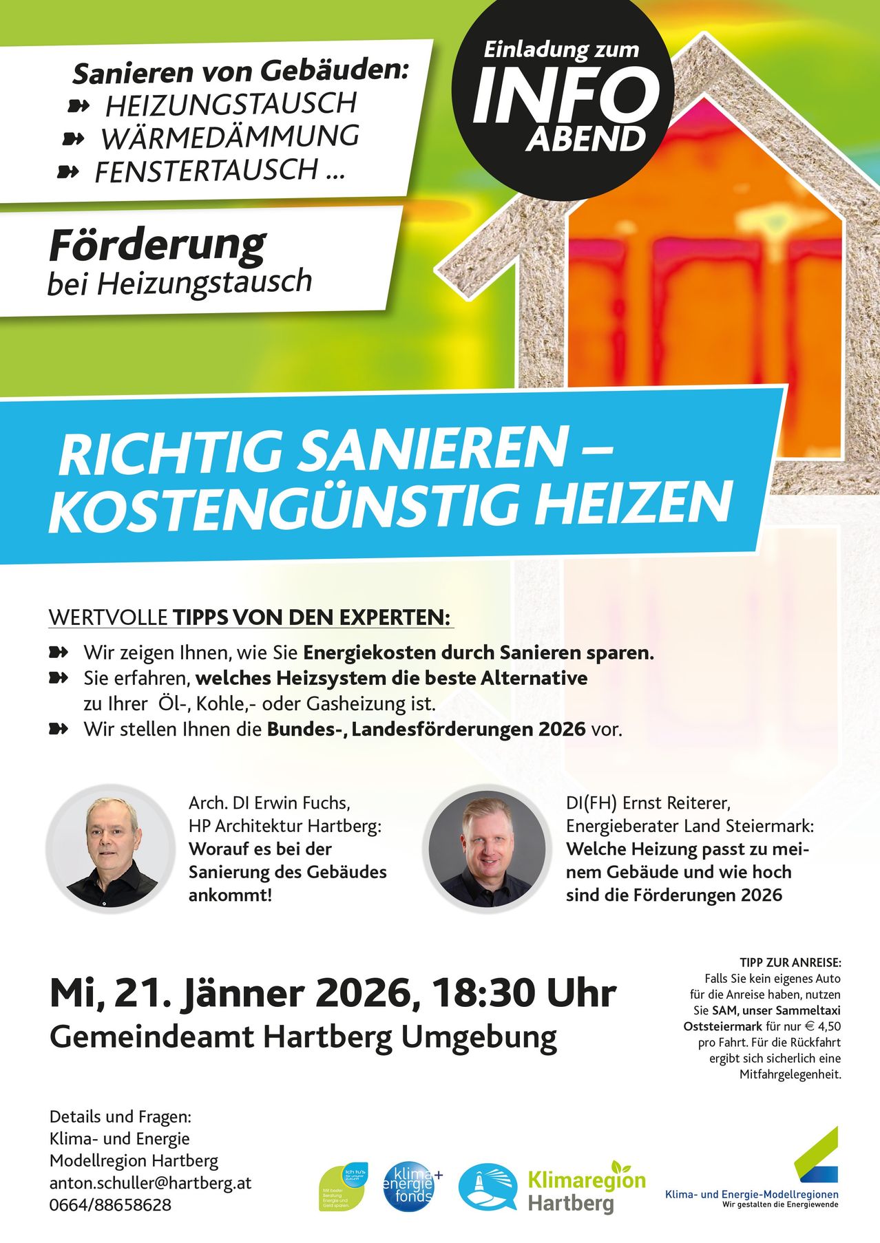 Plakat für eine Beratung zum Heizen am 21. Januar 2026 um 18:30 in Hartberg. Es zeigt Experten, die Energiespartipps und Förderungen besprechen.