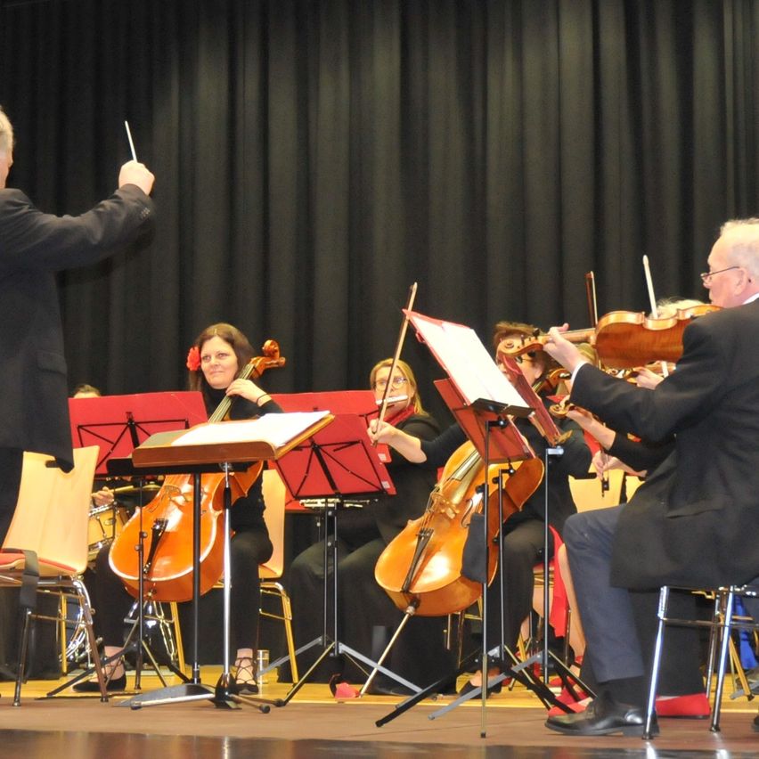 Ein Dirigent führt ein Streichorchester auf der Bühne an, mit Geigern, Cellisten und einem Klarinettisten. Die Musiker sitzen und stehen, mit Notenständern vor ihnen. Der Dirigent hält einen Taktstock und zeigt auf das Orchester.