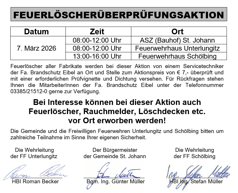 Am 7. März 2026 findet eine Aktion zur Überprüfung von Feuerlöschern statt. Servicetechniker von Brandschutz Eibl inspizieren und versiegeln Feuerlöscher zum Preis von 7€. Rückfragen können an Brandschutz Eibl unter 03385/21512-0 gerichtet werden.