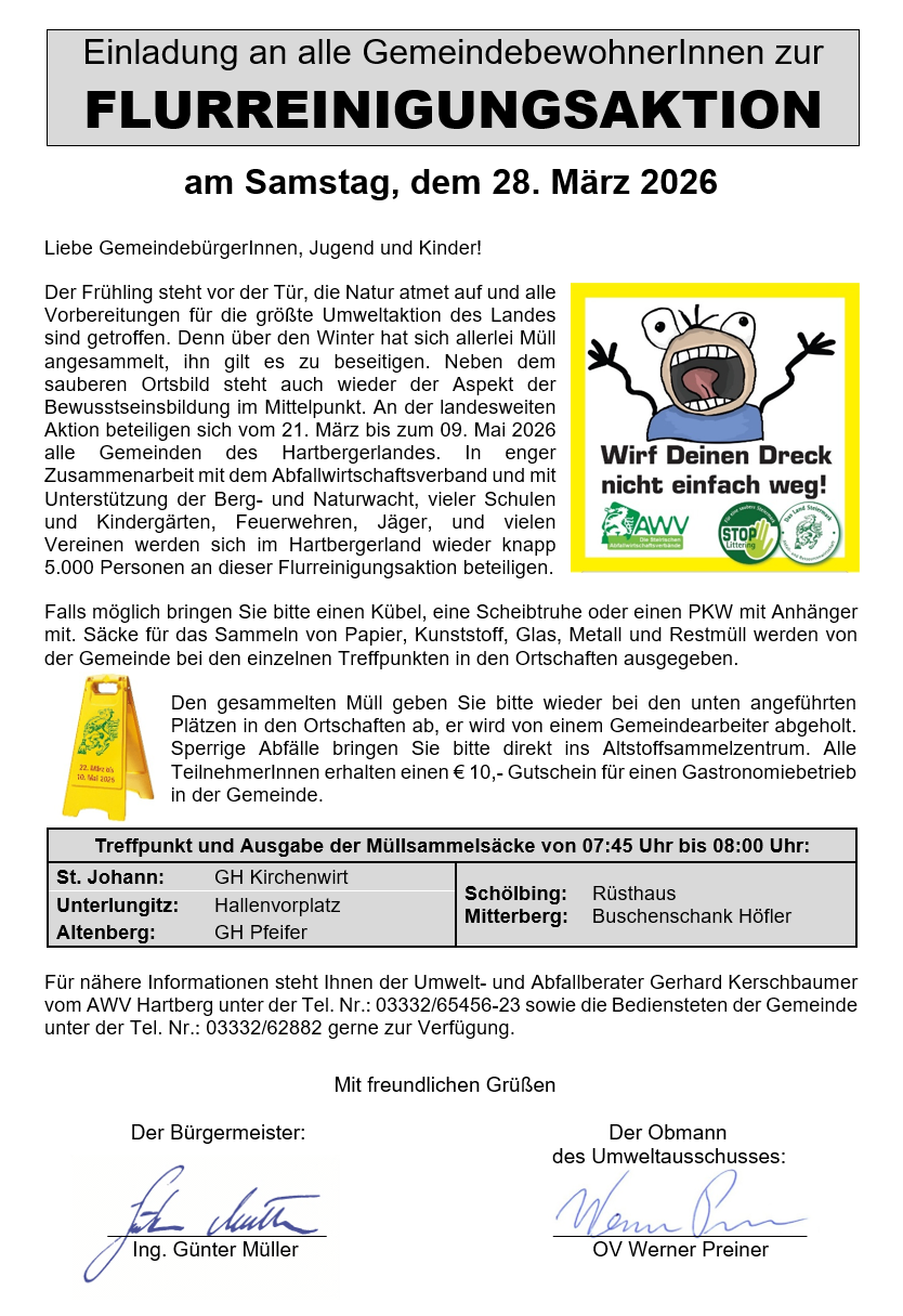 Flugblatt für Abfallsammelaktion am 21. März 2026. Einwohner werden eingeladen, Abfall zur Wiederverwertung mitzubringen. Über 5.000 Personen nahmen teil. Abfallarten umfassen Papier, Glas, Metall und Kunststoff. Sammelstellen und Zeiten werden angegeben. Teilnehmer erhalten einen Gutschein für ein lokales Restaurant. Kontaktinformationen für weitere Details.