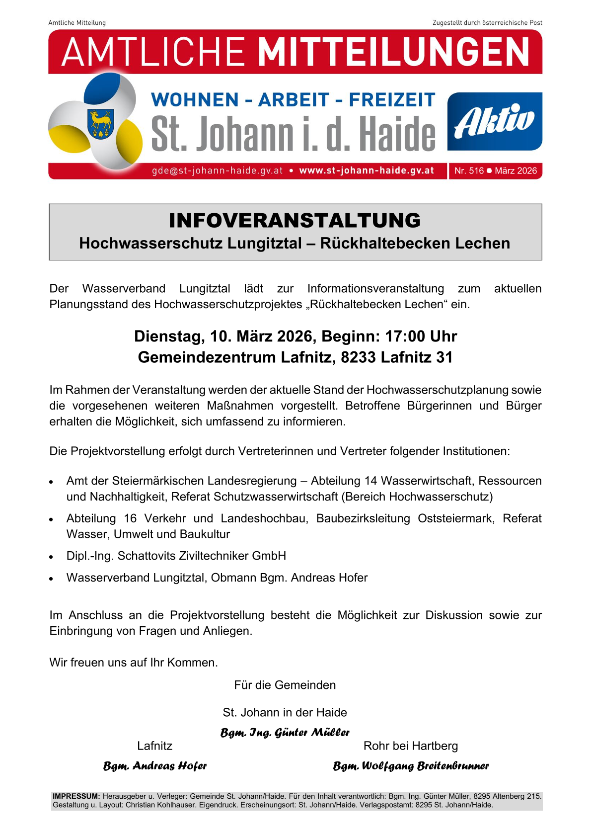 St. Johann i.d. Haide veranstaltet am 10. März 2026 eine Informationsveranstaltung zum aktuellen Stand des Hochwasserschutzprojekts 'Ruckhaltebecken Lechen'. Vertreter verschiedener Institutionen präsentieren den aktuellen Stand und geplante Maßnahmen.