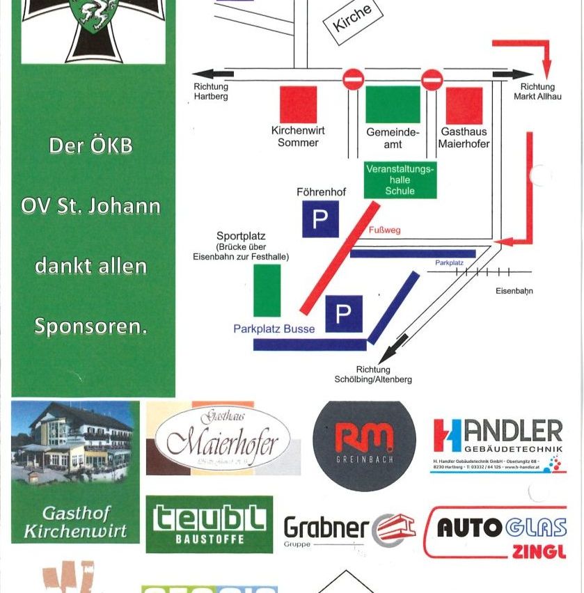 Eine Karte des Dorfes Kirchenwirt mit verschiedenen markierten Orten, einschließlich Kirche, Gemeindesaal und Sportplatz. Sponsoren werden anerkannt.