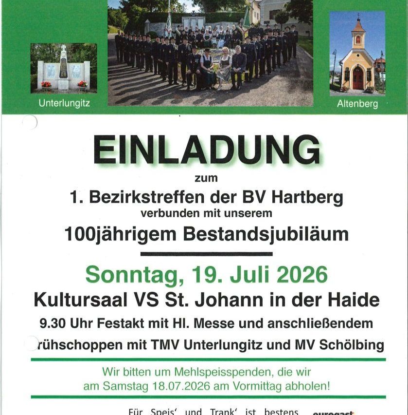 Plakat für das 100-jährige Jubiläum der BV Hartberg mit einer Gruppe von Menschen in Uniform, einer Kirche und einem Denkmal. Die Veranstaltung ist für den 19. Juli 2026 im Kultursaal VS St. Johann in der Haide geplant.