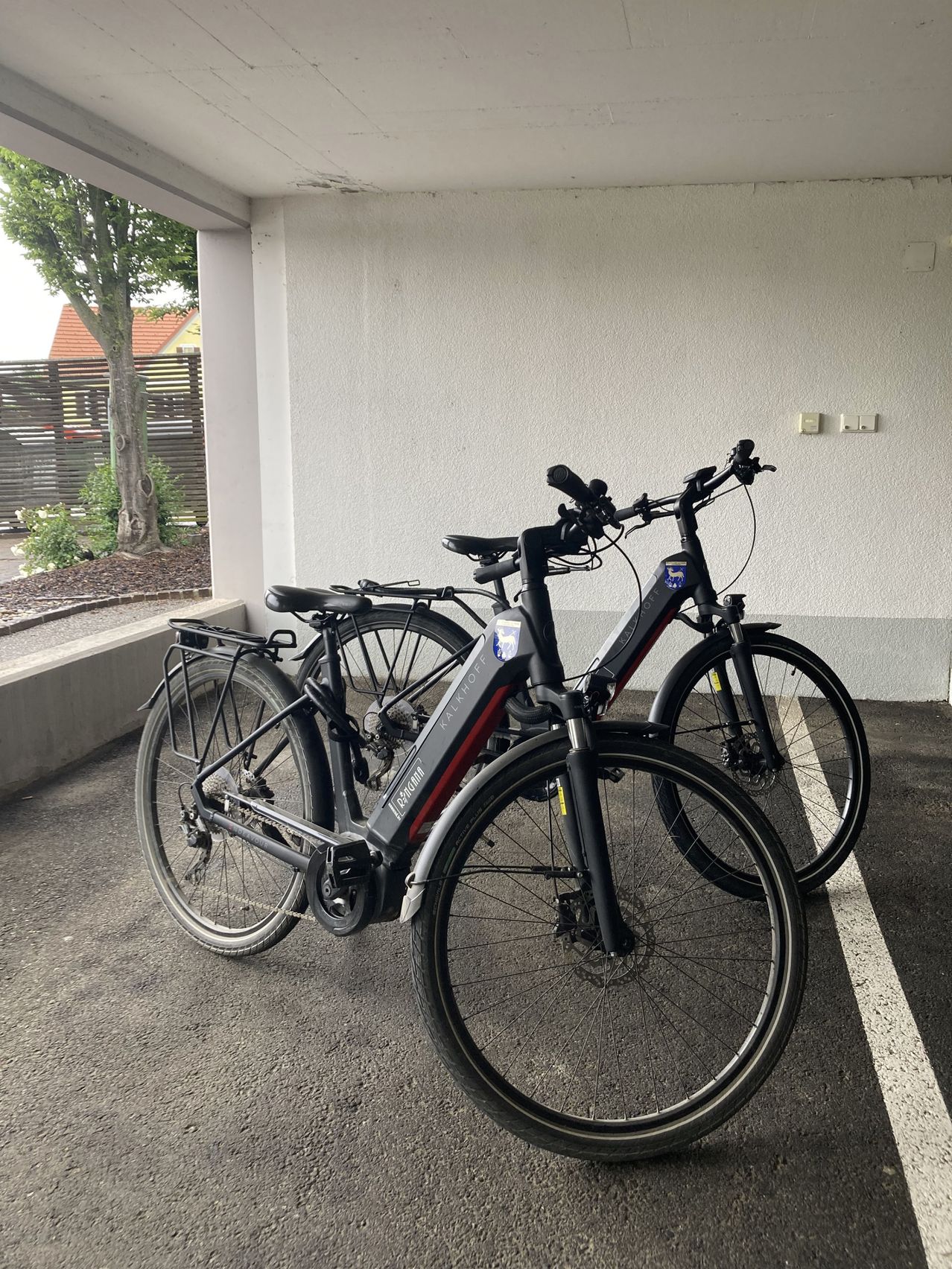 Zwei E-Bikes sind in einer Garage mit einer weißen Wand und einem Baum im Hintergrund geparkt.