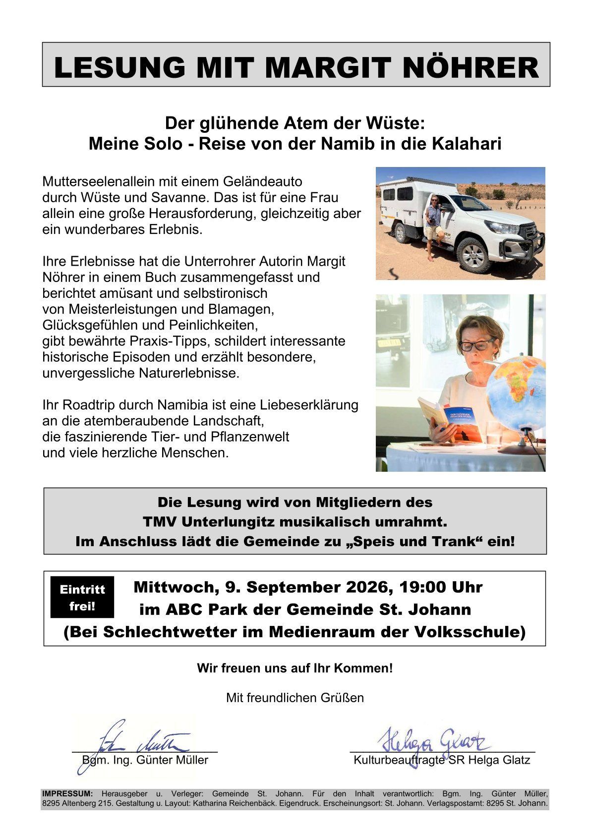 Ein Flyer für eine Veranstaltung über eine Solo-Reise von Namibia in die Kalahari, die die Erfahrungen einer Abenteuerin hervorhebt, mit Bildern einer Frau beim Lesen und einem Fahrzeug in der Wüste.
