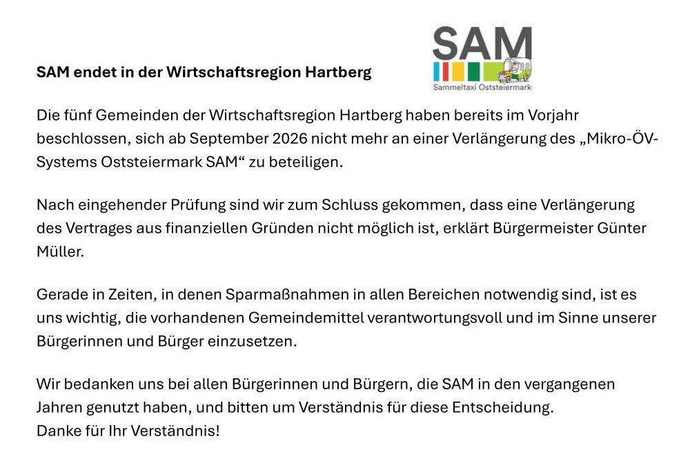 Gemeinden in der Wirtschaftsregion Hartberg haben bereits beschlossen, sich nach September 2026 nicht mehr an einer Verlängerung des 'Mein Oststeiermark SAM' zu beteiligen. Nach gründlicher Prüfung wurde festgestellt, dass eine Verlängerung aus finanziellen Gründen nicht möglich ist, erklärt Bürgermeister G. In Zeiten, in denen Einsparungen in allen Bereichen notwendig sind, ist es wichtig, die verfügbaren Gemeindemittel verantwortungsvoll und im Sinne der Bürger und Einwohner einzusetzen.