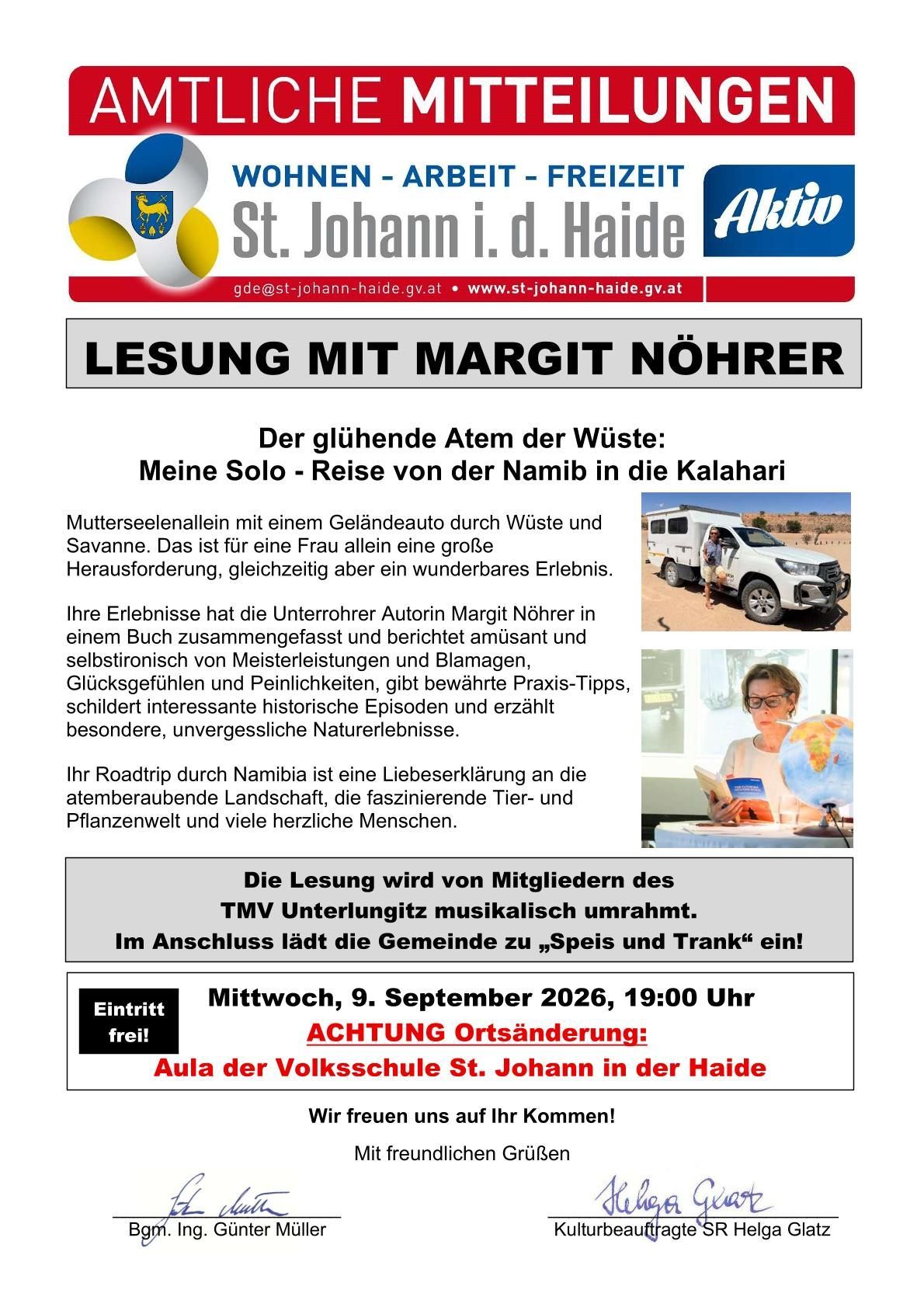 Plakat für eine Lesung mit Margit Nöhrer, einer Abenteurerin, die allein durch Namibia und die Kalahari gereist ist. Das Plakat zeigt Bilder ihres Fahrzeugs und sie selbst mit einem Globus. Die Veranstaltung ist für den 9. September 2026 um 19:00 Uhr geplant.