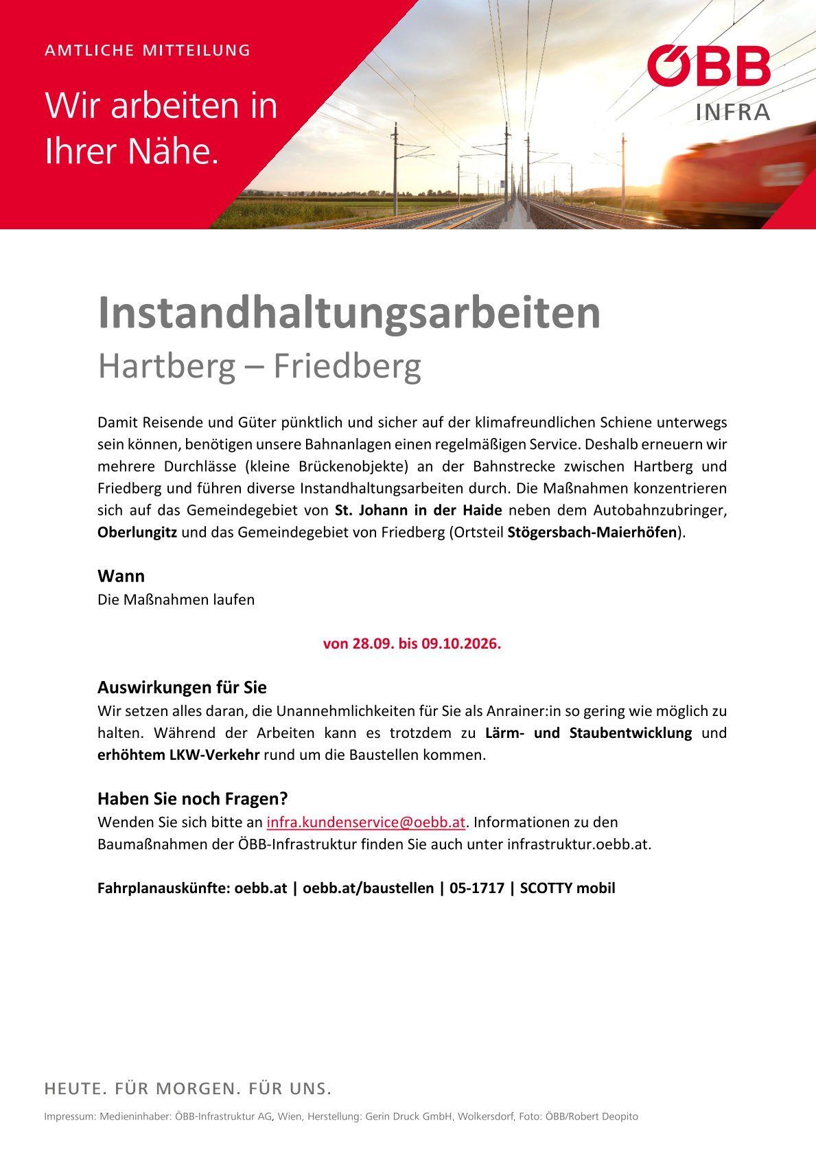 Wartungsarbeiten auf der Bahnstrecke zwischen Hartberg und Friedberg vom 28.09. bis 09.10.2026. Die Mitteilung enthält Informationen über die Arbeiten, Kontaktdaten und mögliche Störungen.