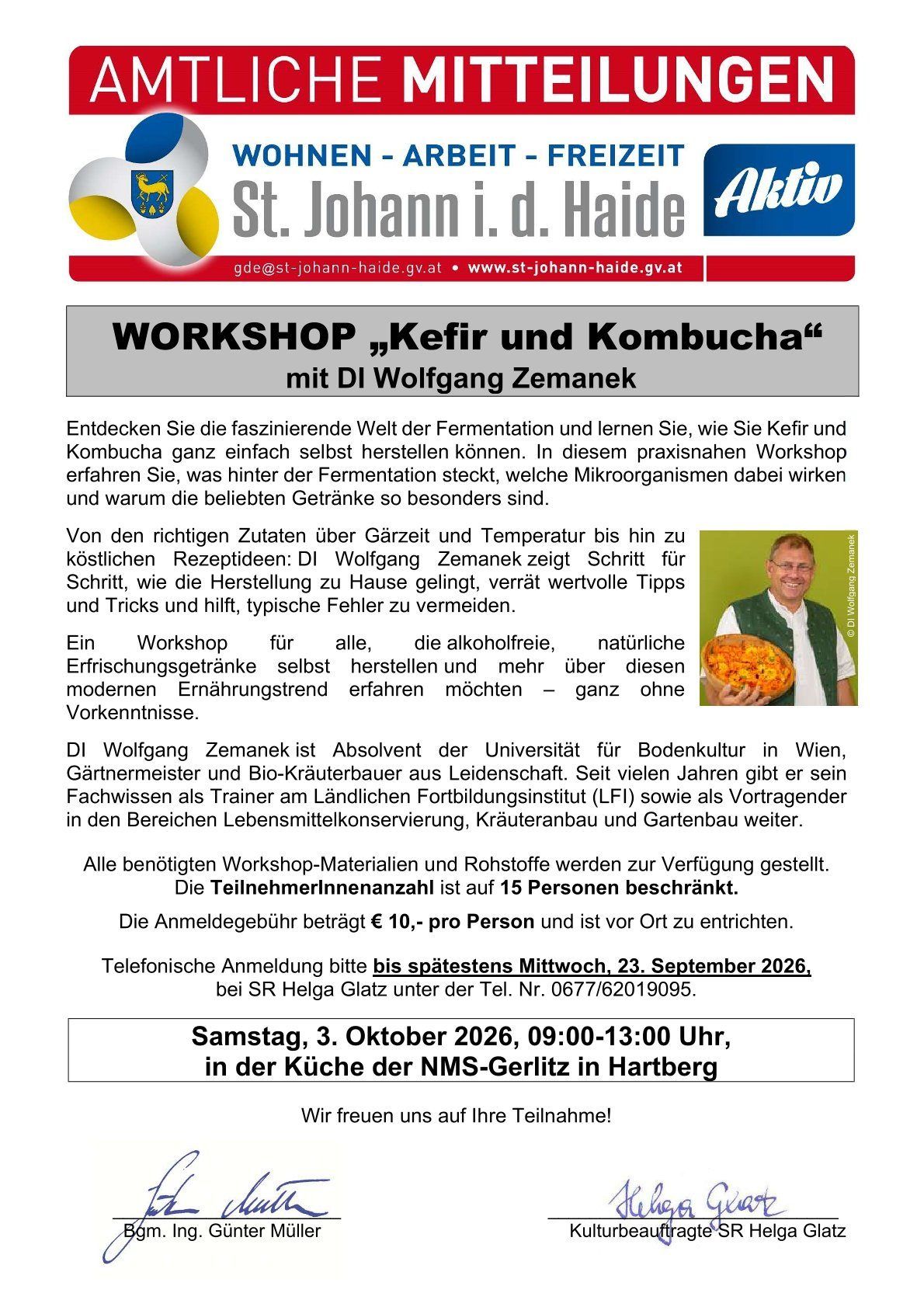 Workshop zu Kefir und Kombucha mit DI Wolfgang Zemanek. Lernen Sie, diese fermentierten Getränke selbst herzustellen. Workshop-Details und Anmeldeinformationen enthalten.