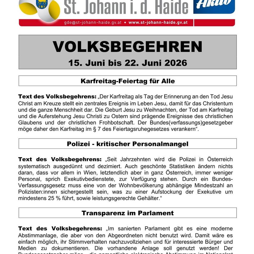 Das Volksbefragungsdokument behandelt drei Themen: Die Bedeutung des Karfreitags als Erinnerung an den Tod Jesu Christi, einen kritischen Mangel an Polizeipersonal und den Mangel an Transparenz im Parlament.