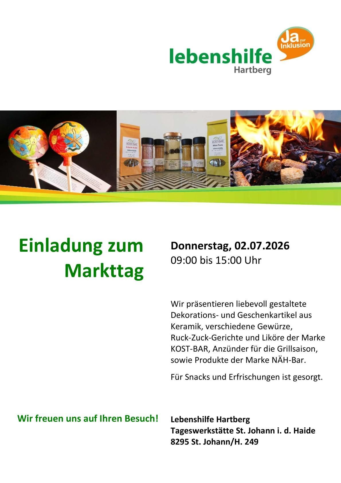 Einladung zum Markttag am Donnerstag, 02.07.2026 von 09:00 bis 15:00 Uhr. Angeboten werden handgefertigte Dekorationen, Gewürze, verschiedene Snacks und Getränke der Marke KOSTE-BAR sowie Produkte der Marke NAH-BAR. Snacks und Erfrischungen sind vorhanden.