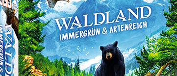 Eine Brettspielbox mit einem Bären, einem Adler und Fischen darauf. Der Titel lautet Waldland Immergrün & Artenreich.