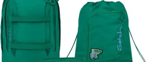 A green backpack, a green drawstring bag, and a green pencil case with the word 'Satch' written on them. The backpack has a trash can logo on it.