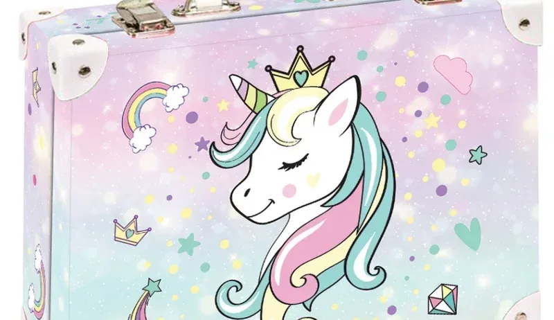 Ein rosa und blauer Koffer mit einem Einhorn, das eine Krone trägt und von Sternen, Herzen und einem Regenbogen umgeben ist. Der Koffer hat einen weißen Griff und silberne Schlösser.