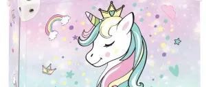 A pink and blue suitcase with a unicorn wearing a crown and surrounded by stars, hearts, and a rainbow. The suitcase has a white handle and silver locks.