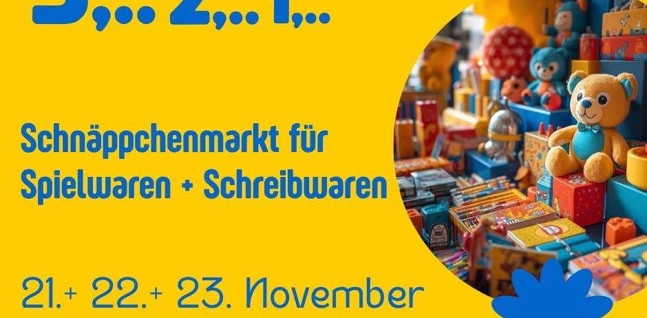 Ein Plakat für Tonisbox, einen Spielzeug- und Schreibwarenmarkt, beworben für den 1., 22. und 23. November, mit unterschiedlichen Öffnungszeiten an jedem Tag.