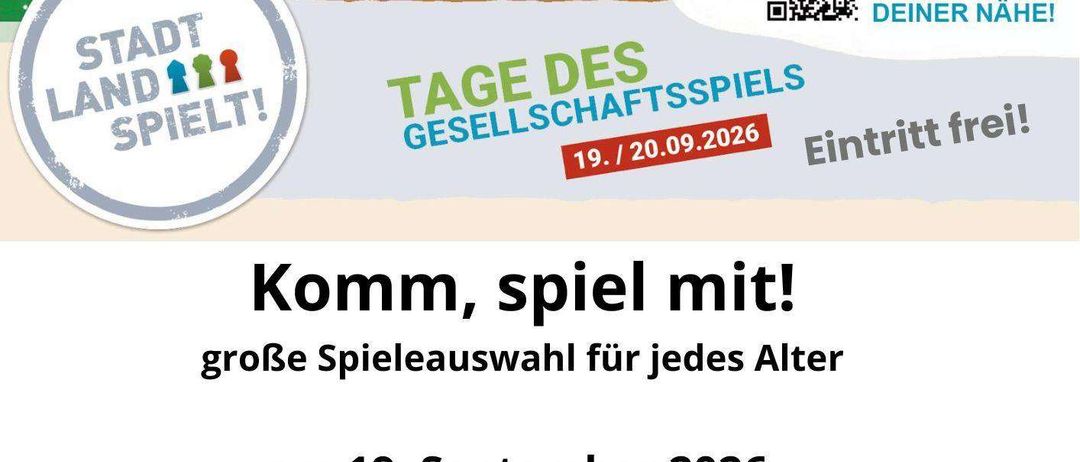 Plakat für die Tage des Gesellschaftsspiels in Glognitz, mit Familien, die am 19. September 2026 von 14 bis 19 Uhr verschiedene Brettspiele spielen.