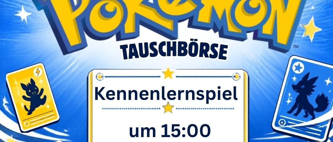 Plakat für ein Pokemon-Sammelkartenspiel-Event am 19. September 2026 mit verschiedenen Pokemon-Karten und einem Kennenlernspiel um 15:00.